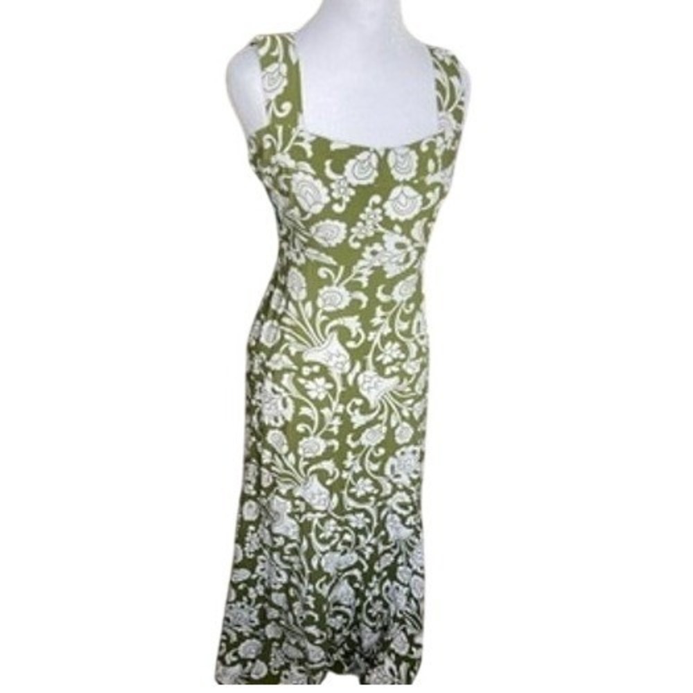 Vince Camuto Maxi Dress Large Olive Green White Floral Smocked Back Ombre Hem